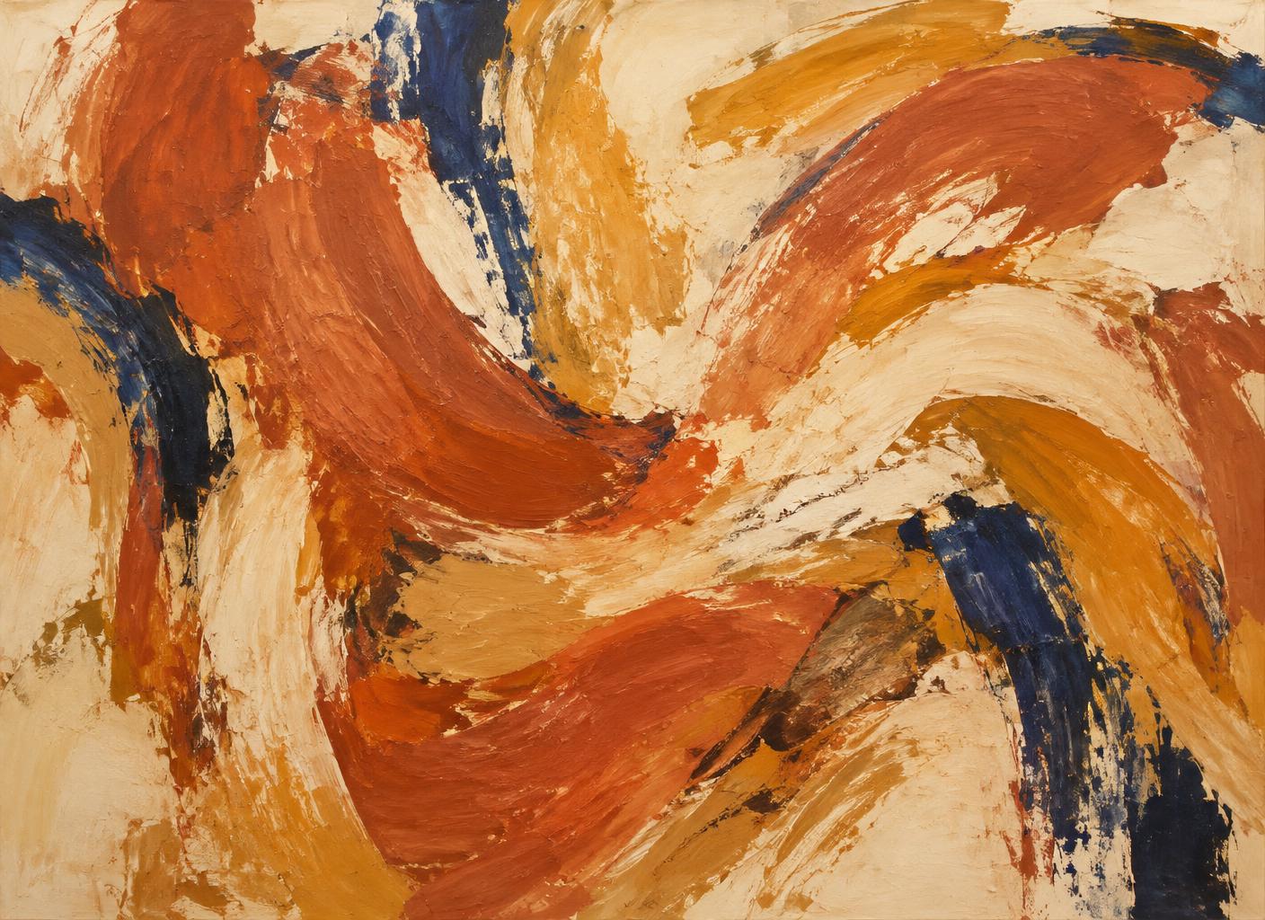 Confluence — gestural abstract painting in terracotta, ochre and indigo